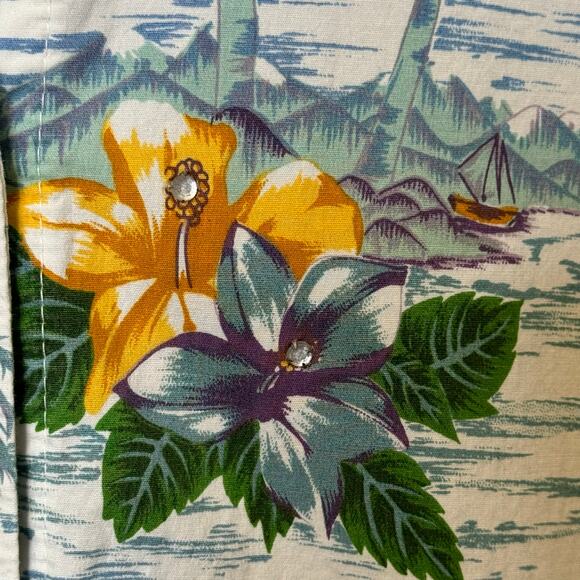 Vintage Julie Mango Size XL Made in USA Tropical Hawaiian Print Blouse Bling - Picture 6 of 6